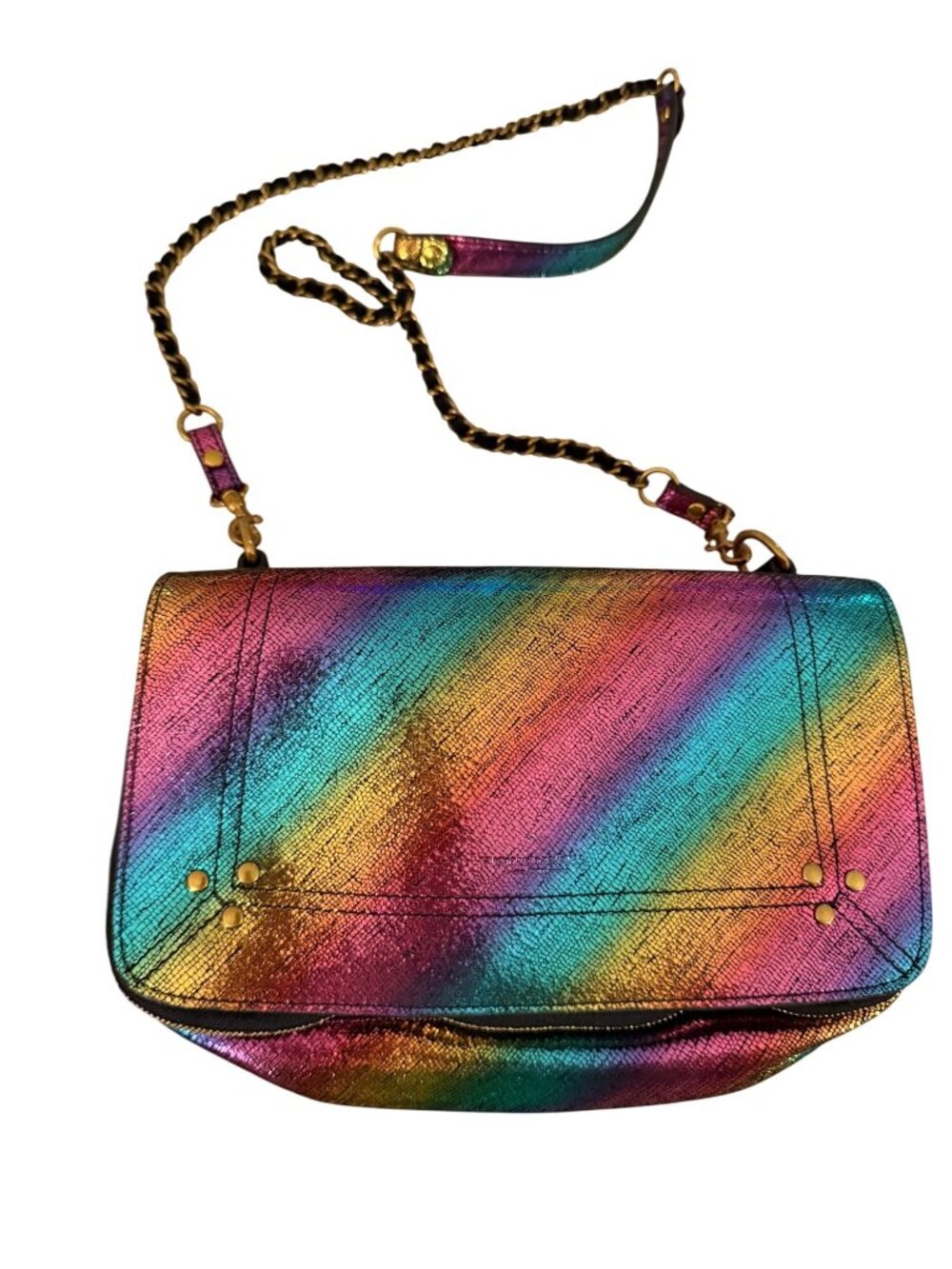 Jerome Dreyfuss Womens Flap Crossbody Bag Rainbow Metallic Leather Casual New
